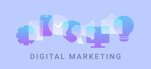 Digital marketing business composition on blue background. Glass morphism vector illustration