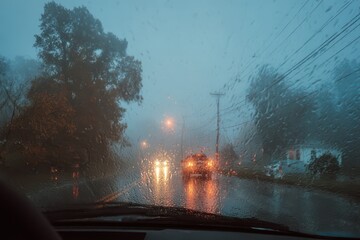 Poor visibility through the windshield of a car during rainy weather, windows covered with water causing danger on the road