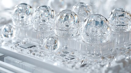 Transparent spheres nestled within a complex circuit board.
