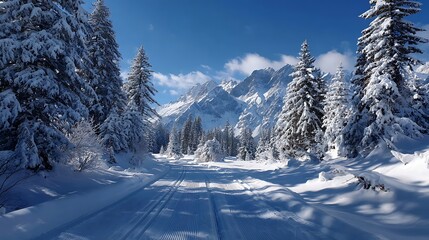 Winter wonderland scenery with cross-country skiing track in the Alps