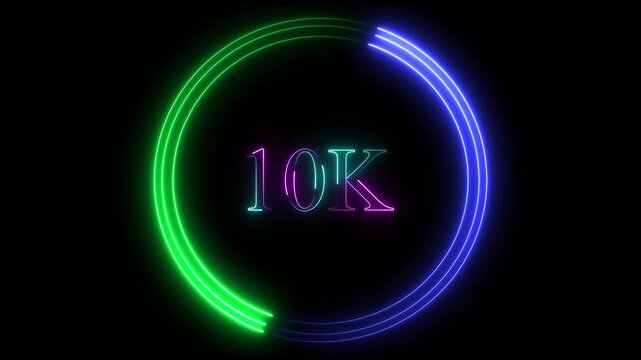 neon 10k Follower neon Text And Firework Animation Subscribers, glowing neon 10k animation on black background.  10k Followers Celebration text animation.