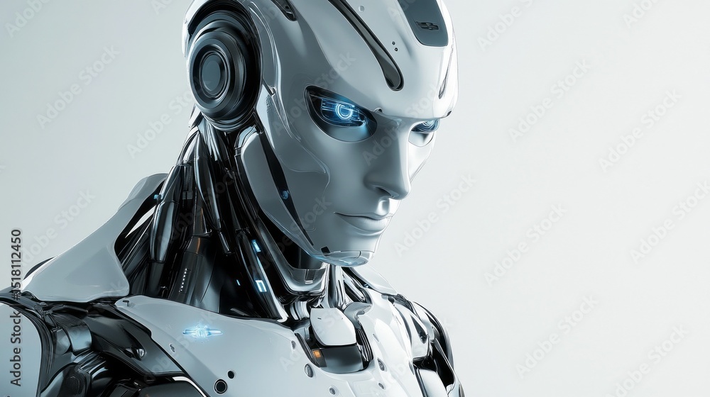 Poster a humanoid robot showcases its sleek metallic design and bright blue eyes in a modern studio environ