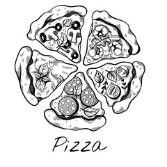Vintage pizza illustration with five assorted slices. Handdrawn toppings include pepperoni, olives, basil, mushrooms. Perfect for food blogs, menus, culinary design.