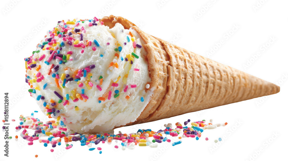 Poster vanilla ice cream cone covered in colorful sprinkles is lying on its side on a transparent backgroun