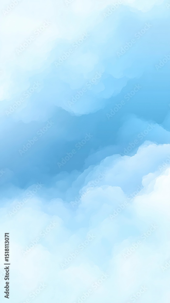 Poster soft blue watercolor illustration featuring fluffy clouds in a serene sky, creating a calming atmosp