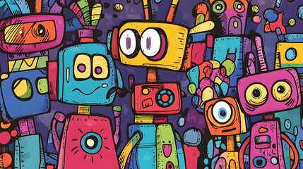 Fototapeta premium Colorful collection of whimsical robots.