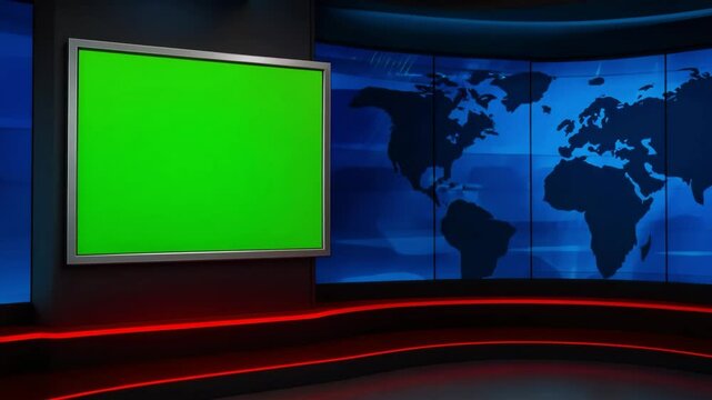 Modern News Studio Interior with Green Screen on the Left, Futuristic High-Tech Design and LED Lights in a Clean Cinematic Environment, Perfect for Broadcasts and Virtual Sets