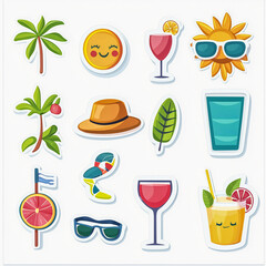 Set of Isolated Summer Beach Mood Icons, clean Flat Vector Stickers: Sun, Beach Hat, Cocktail, Flip-flops, Smiling Face. Collection Emotions for PNG