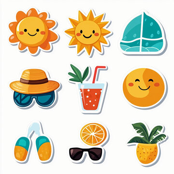 Naklejki Set of Isolated Summer Beach Mood Icons, clean Flat Vector Stickers: Sun, Beach Hat, Cocktail, Flip-flops, Smiling Face. Collection Emotions for PNG