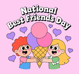 Kids holding ice creamcream and smiling on National Best Friends Day celebration cartoon