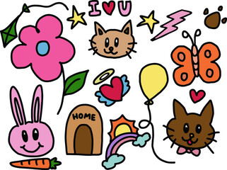 Cute hand drawn illustrations of flower, cat, bunny, butterfly, balloon, heart with angel wings, pet house, rainbow and sun, carrot for animals, pet shop, cartoon, characters, sticker, summer break