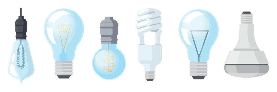 Set of light bulbs, lighting devices in cartoon style. Vector illustration of modern light bulbs of different shapes and sizes: fluorescent, LED isolated on white background. Energy-saving lamps.
