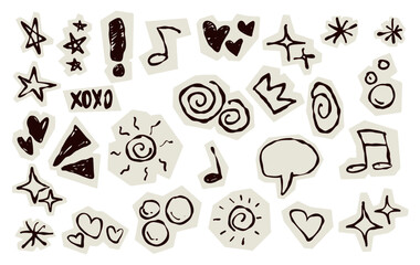 Fototapeta premium Scrapbook doodle set. Collection of sketch handdrawn scribble heart, star, mark, sign for journal. Chalk or ink craft paper cutout for scrapbook dairy
