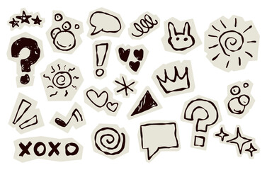 Scrapbook doodle set. Collection of sketch handdrawn scribble heart, star, mark, sign for journal. Chalk or ink craft paper cutout for scrapbook dairy