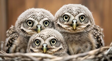 Obraz premium Little Owl Chicks Athene Noctua Close Up Portrait View Wild Birds