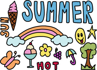Cute hand drawn illustrations of rainbow, ice cream cone, sundae ice cream, butterfly, umbrella, grape, tree for sweet dessert, summer break, cartoon, characters, sticker, decoration, hot weather