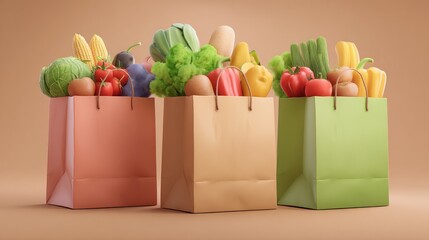 Colorful grocery bags filled with fresh produce