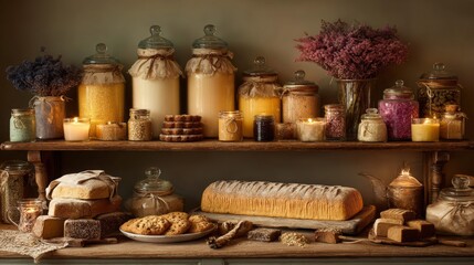 Rustic Kitchen Shelf with Baked Goods and Ingredients