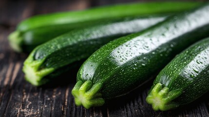 Fresh zucchinis with water drops, Green vegetables on wooden background, Suitable for rustic food or organic themes