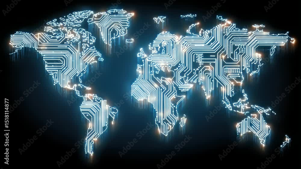 Wall mural futuristic world map made of glowing circuit patterns on a dark background, symbolizing technology a