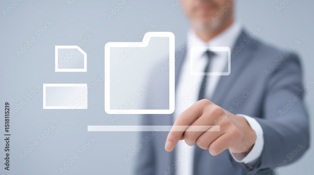 Poster businessman in a suit interacting with digital interface, selecting file icons and folders, showcasi
