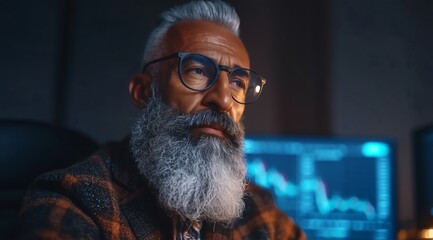 Senior trader with modern style, Bearded man in finance room, Confident financial analyst concept