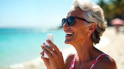 Beautiful mature caucasian woman at the beach, senior female smiling and applying sunscreen lotion at face skin, holding white mock up bottle with cream in hand. skincare, travel and vacation concept