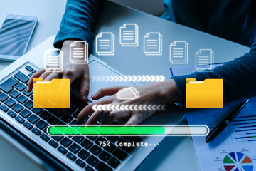 Backup File. business woman hand working on mobile laptop computer, file transfer, data center,...