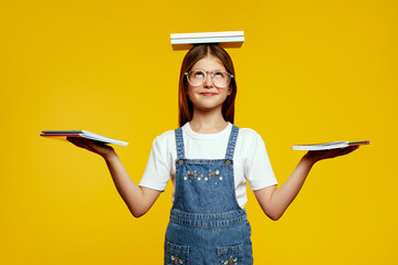 A joyful child in denim overalls skillfully balances books on her head and hands, exuding...