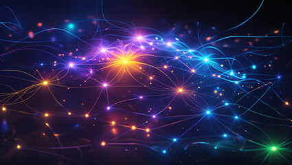 Fototapeta premium Colorful, glowing lines and nodes form a vibrant, interconnected network against a dark backdrop.