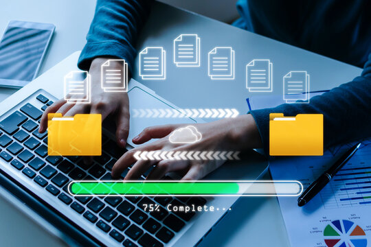 Backup File. business woman hand working on mobile laptop computer, file transfer, data center, cloud computing, backup storage management, artificial intelligence, cloud storage technology concept