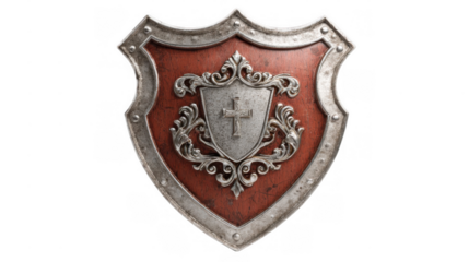 Classic medieval shield featuring a silver cross and ornate silver decorations, set against a transparent background, evokes themes of history, war, and protection