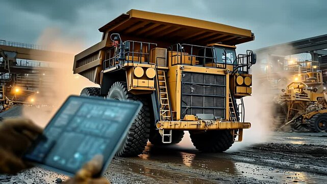 Heavy-duty mining truck operating in a quarry, with a worker using a tablet to monitor performance