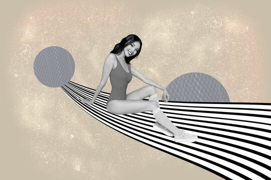 Fototapeta Collage of stylish person with hypnotic swirl and geometric pattern black white waves background in modern pop style