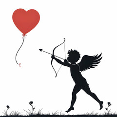 Fototapeta premium Silhouette of a cherub aiming an arrow at a heart-shaped balloon in a grassy landscape