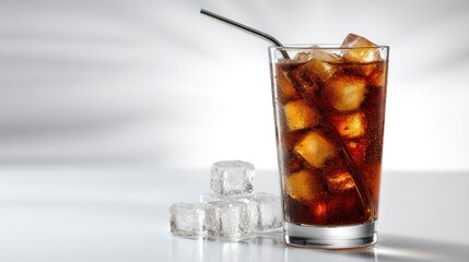 Refreshing cola drink with ice cubes and metal straw