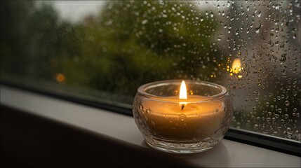 The lit tea lamp on the windowsill contrasts with the rain window with the background blurred of the raindrops, creating a serene and peaceful atmosphere, perfect for conveying calm in stormy weather.