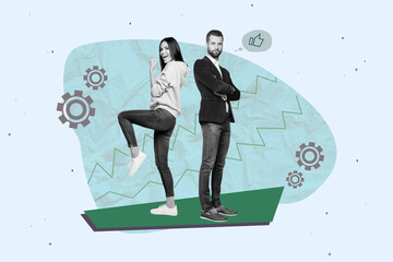 Zine banner full photo collage of happy businesswoman businessman receive promotion gearwheel...