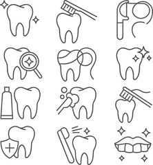 Dental care icons showing different types of teeth and hygiene symbols