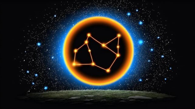 Glowing orange constellation within a blue ring against a dark night sky, above a small patch of ground. Cosmic, mystical, and celestial.