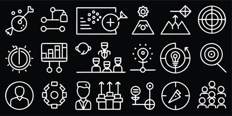 Business strategy and planning icons isolated on black background
