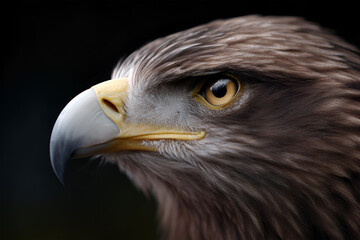 Fototapeta premium Majestic eagle with striking golden eyes and sharp beak, showcasing intricate feather details and powerful presence against a dark background, symbolizing strength and freedom