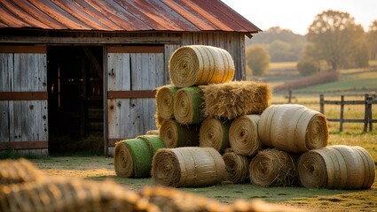 A stack of hay bales beside an old wooden barn