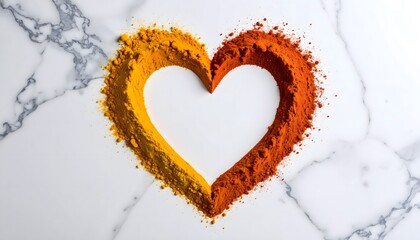 Turmeric and paprika powders are carefully arranged to form a heart shape on a white marble surface, symbolizing love for spices and healthy cooking overall.