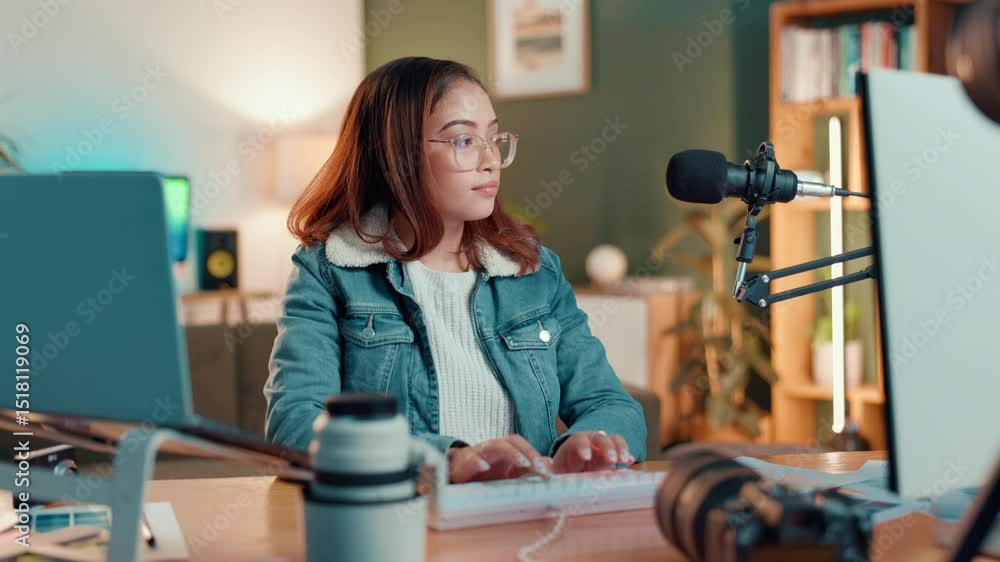 Poster Woman, typing and computer for content creation by mic, review and script editing for video production. Gen z influencer, PC and feedback for chat, notes or subscription list on social media at house