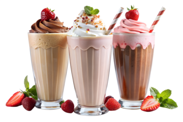 Milkshake bundle PNG in classic diner-style glasses. Chocolate, vanilla, and strawberry shakes with whipped cream, cherry, and colorful straws