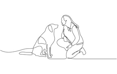 Continuous line drawing of happy pet lover with dog vector illustration, Single line drawing vector illustration with editable stroke of happy pet lover with dog linear isolated on white background.
