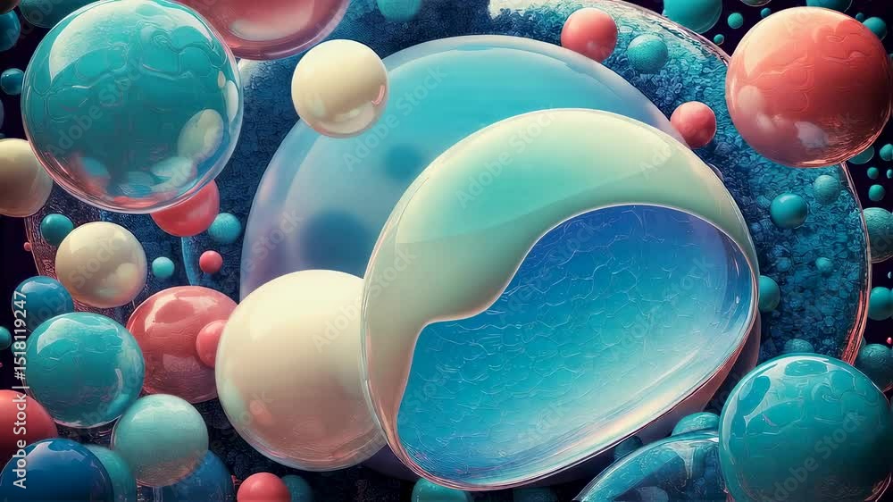Poster colorful abstract glossy spherical shapes with vibrant fluid in motion inside, creating a dynamic vi