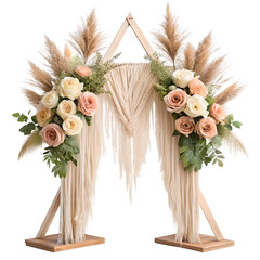 Triangular boho wedding arch with macramé and pampas grass on transparent background