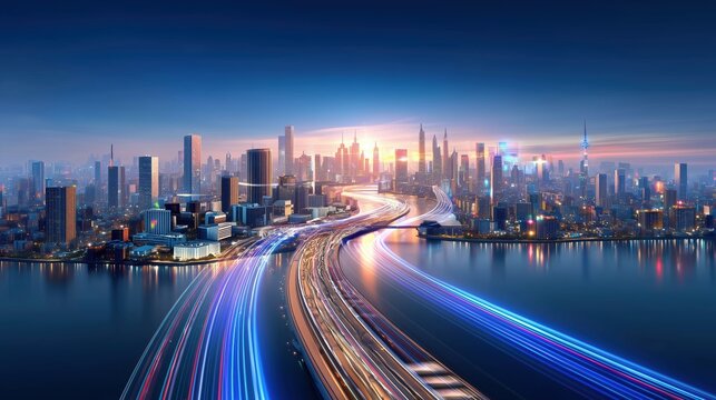 Aerial view of futuristic Tokyo cityscape with blue sky and sun rays, showcasing digital technology innovations and realistic daylight perspective featuring motion-blurred cars on bridge over river.